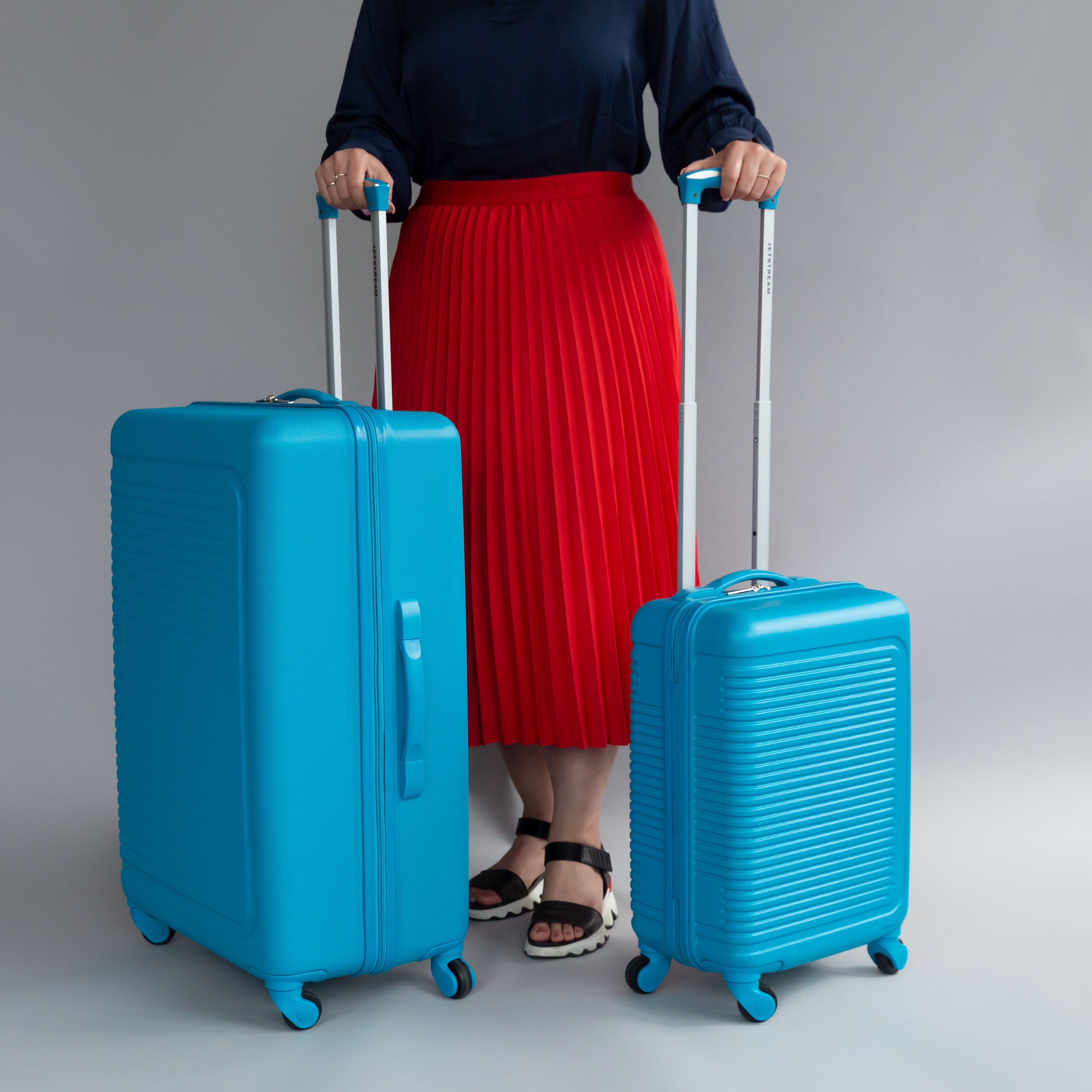 JETSTREAM 5pc Hardside Rolling Spinner Upright Set, 20" 28" Luggage Duo, 3pc Packing Cubes, Blue