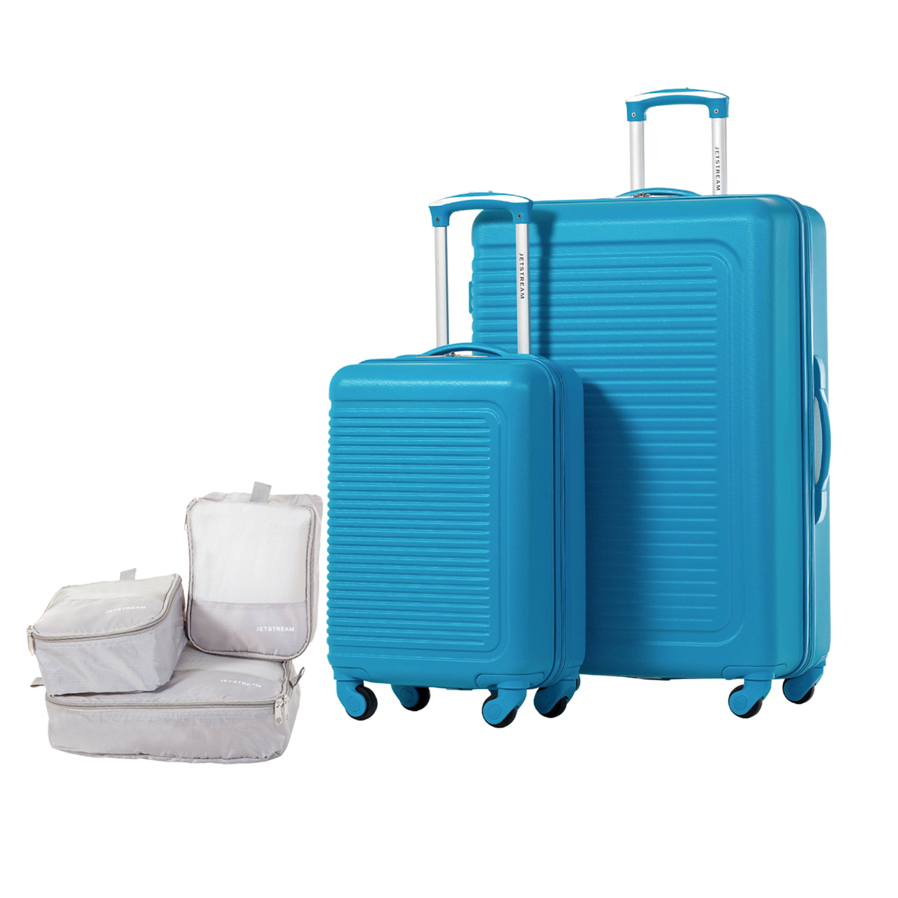 JETSTREAM 5pc Hardside Rolling Spinner Upright Set, 20" 28" Luggage Duo, 3pc Packing Cubes, Blue